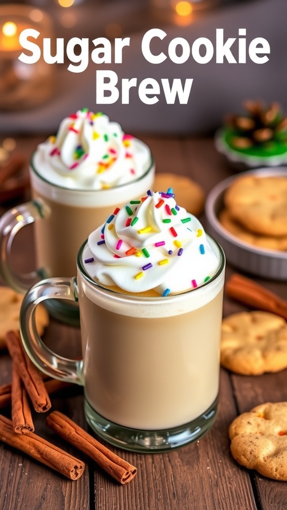 Delightful Sugar Cookie Brew Drinks Two mugs of sugar cookie brew drinks with whipped cream and sprinkles, on a wooden table with sugar cookies.